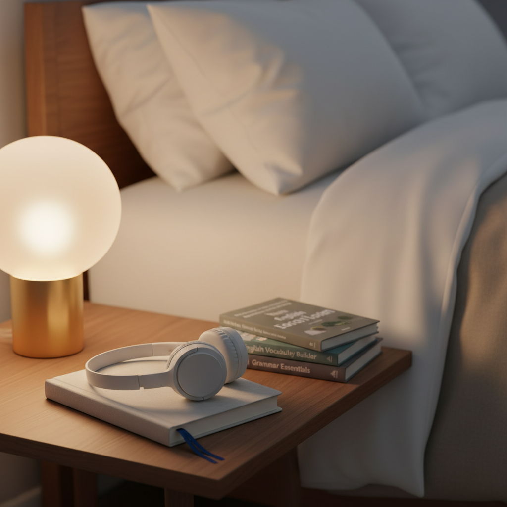 A serene bedroom scene focused on a bedside table in photographic realism: a closed linen-bound journal with a slim bookmark peeking out, a small stack of English learning books, and a frosted glass lamp emitting a warm, diffused evening light. A pair of minimalist wireless headphones rests on the journal. The background shows a neatly made bed with crisp white linens and a soft beige duvet, slightly out of focus. The composition uses rule of thirds from a slightly elevated angle, creating a tranquil, introspective atmosphere that evokes nightly reflection, personal growth, and gentle routines.