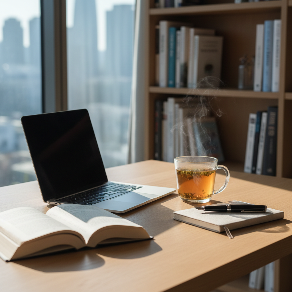 A neatly arranged writing nook on a pale oak desk, featuring an open hardcover book with creamy pages, a slim silver laptop half-closed, and a clear glass mug of herbal tea with rising steam. A simple linen-covered notebook and a fine black fountain pen rest nearby. The scene sits beside a large window in a modern Seoul apartment, with soft morning sunlight washing across the desk and casting gentle shadows. In the background, a blurred bookshelf shows muted spines of English and Korean titles. Photographic realism, shot at eye level with a shallow depth of field, creating a warm, sophisticated, and contemplative mood that invites quiet reading and reflective blogging.