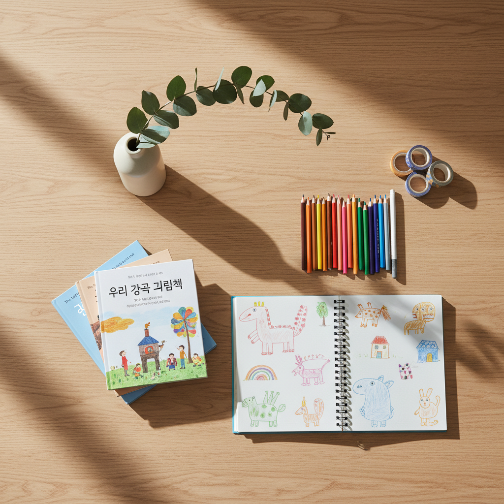 An overhead photographic view of a minimalist dining table set up for a creative family activity: an open sketchbook with colorful pencil drawings, a stack of children’s picture books in Korean and English, and neatly arranged colored pencils and washi tape. A simple ceramic vase with a single branch of eucalyptus adds elegance. Soft diffused daylight comes from the side, casting delicate shadows and emphasizing the paper textures and wooden tabletop grain. The mood is playful yet refined, capturing the quiet joy of shared creativity and learning at home, with a clean, sophisticated lifestyle aesthetic and sharp focus throughout the frame.
