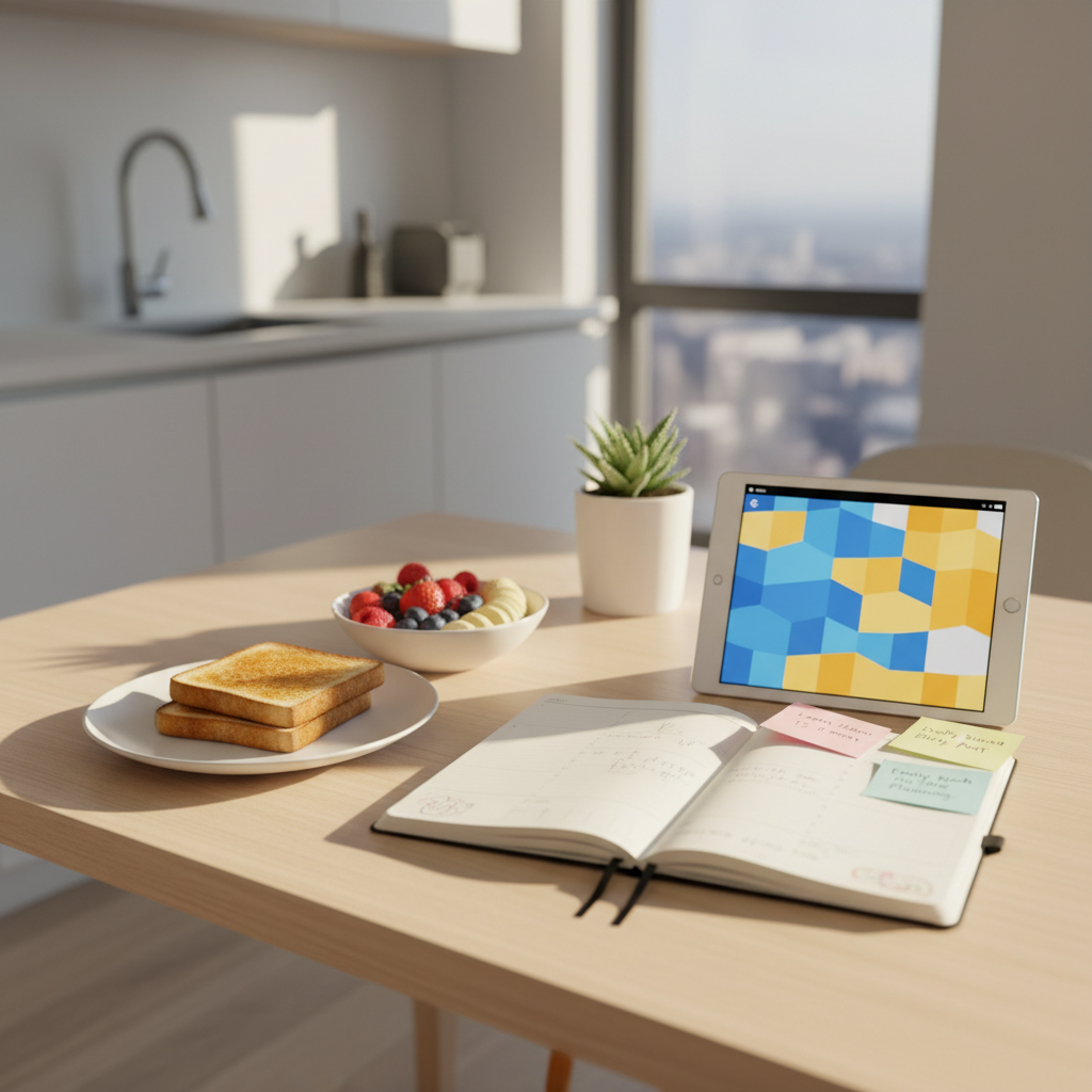A bright kitchen table in a modern apartment, bathed in clear morning light, with a simple breakfast of toast and fruit beside an open planner, sticky notes with neatly written goals, and a slim tablet displaying a language learning app interface abstracted into colorful shapes. A small potted plant in a white ceramic pot adds freshness. The background shows subtle hints of kitchen cabinetry in soft focus. Photographic realism, captured at a three-quarter angle, with a balanced composition and moderate depth of field. The mood is optimistic and organized, suggesting intentional everyday routines that support learning, creativity, and family life.