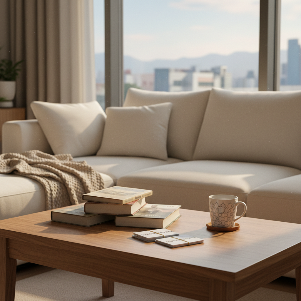A cozy living room corner with a low wooden coffee table covered in a few well-loved paperbacks, a tidy stack of English vocabulary flashcards, and a ceramic mug on a cork coaster. A plush cream-colored sofa with textured cushions and a folded knitted throw frames the scene. Outside a large window, hints of a Korean cityscape appear in soft focus. Late afternoon natural light streams in, creating a golden glow and gentle highlights on the book pages. Photographic realism from a slightly elevated angle, with a calm, intimate atmosphere that suggests relaxed lifestyle learning and meaningful everyday moments.